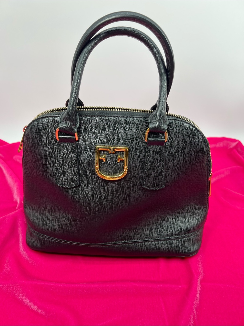 Furla Black Pebbled Leather Dome Satchel with Gold Hardware